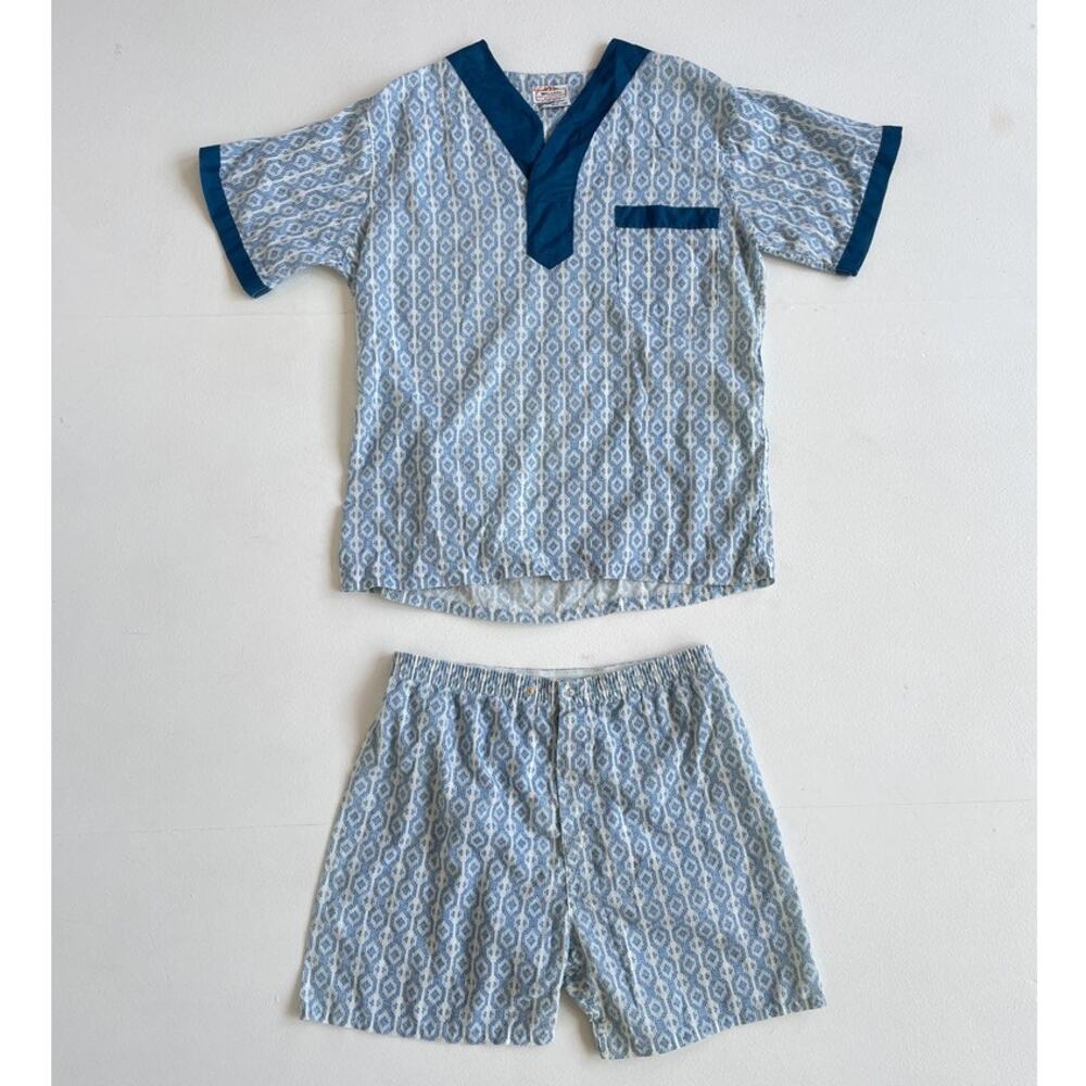 Vtg 60s WELDON Blue Short Sleeve Mens Sleepwear Pajama Set / Top + Shorts / M